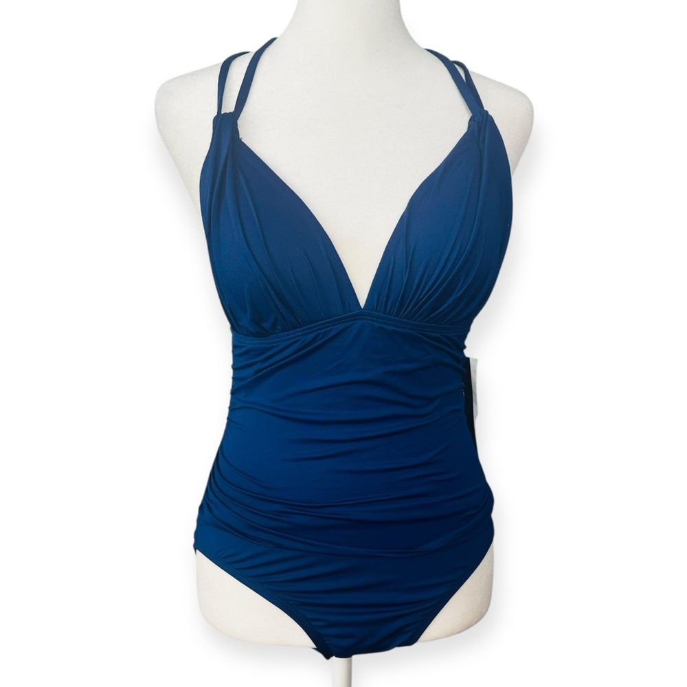 La Blanca Ruched Front Cross Back One Piece Swimsuit Indigo Blue NEW Size 6 - Picture 10 of 10